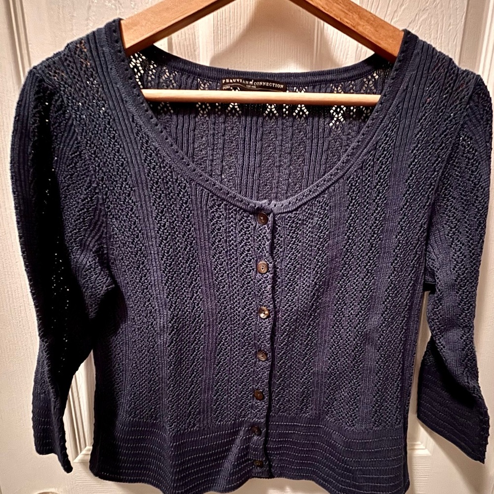 Peruvian Connection Lace Teal Blue Cropped Sweater